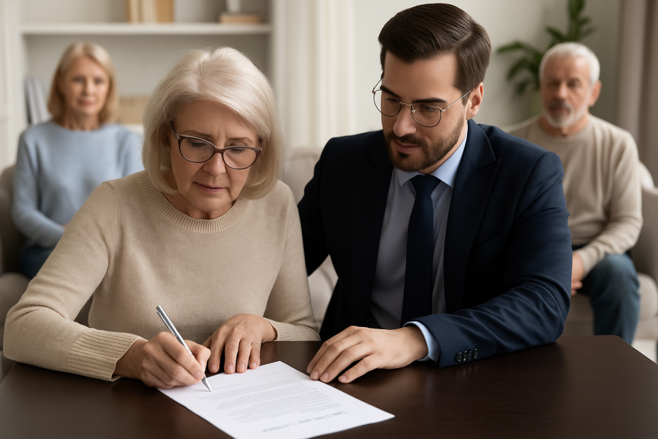 Advisor helping a client sign a legally binding Will in the UK – Viva Planning