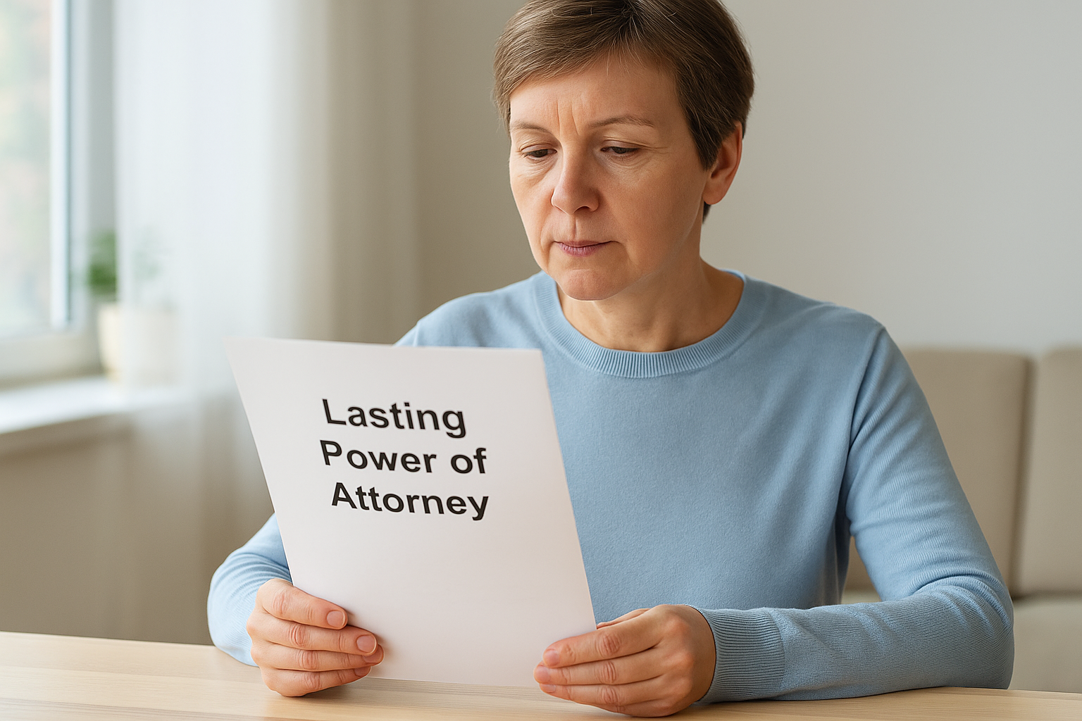 Person reading a Lasting Power of Attorney document at a table in a bright home setting