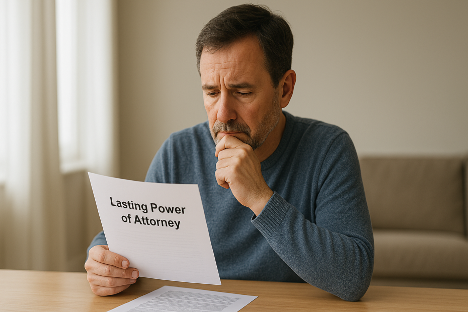 Middle-aged man reviewing Lasting Power of Attorney documents at a table with natural light.