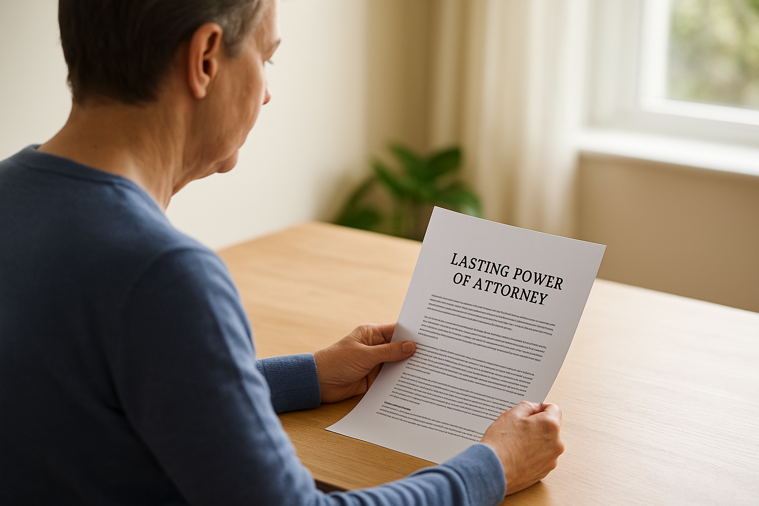 Middle-aged person reading a Lasting Power of Attorney document in a bright home setting.