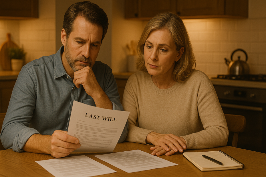 Middle-aged couple reviewing estate planning paperwork at home to protect their family and assets.