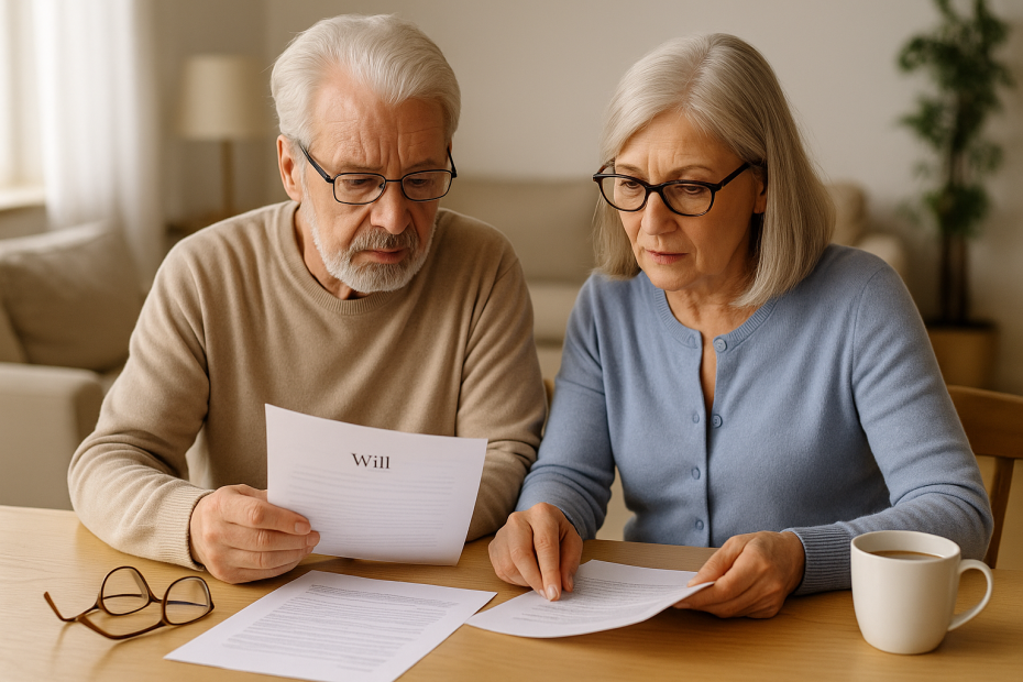 Elderly couple reviewing their estate planning documents at home to ensure their Will and LPAs are up to date.