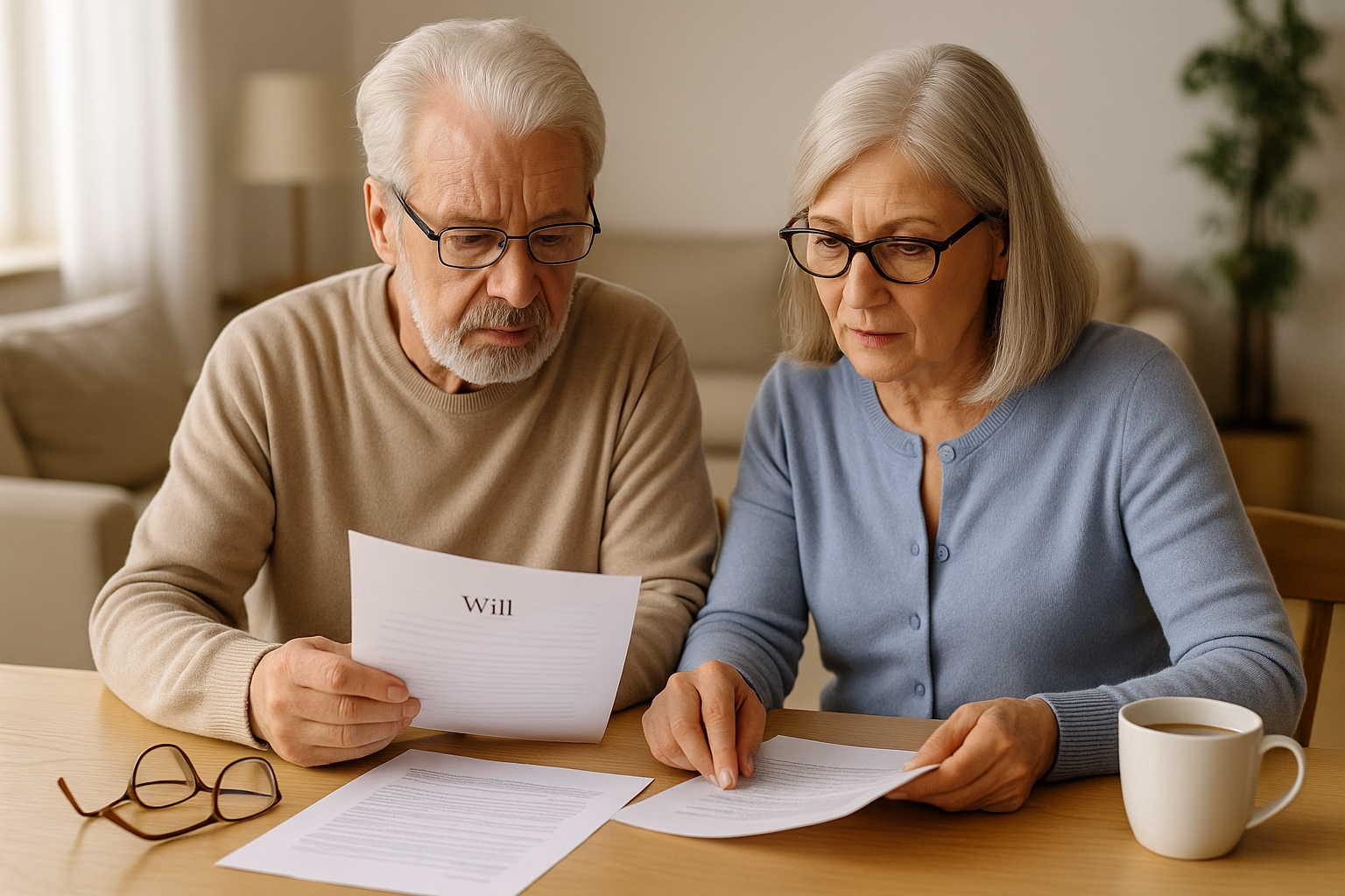 Elderly couple reviewing their estate planning documents at home to ensure their Will and LPAs are up to date.