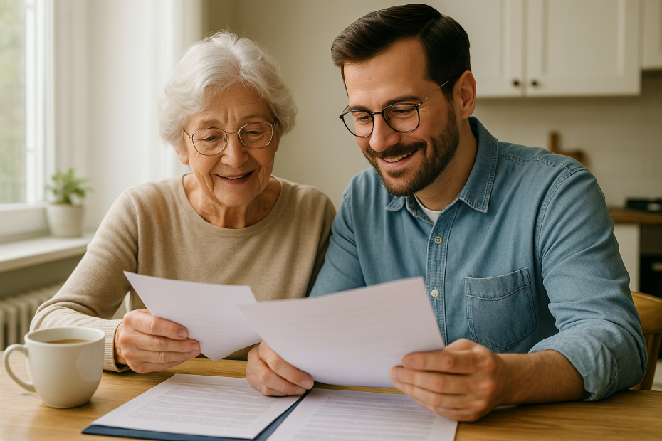 Son helping elderly mother review her Lasting Power of Attorney documents at home, showing care and understanding.