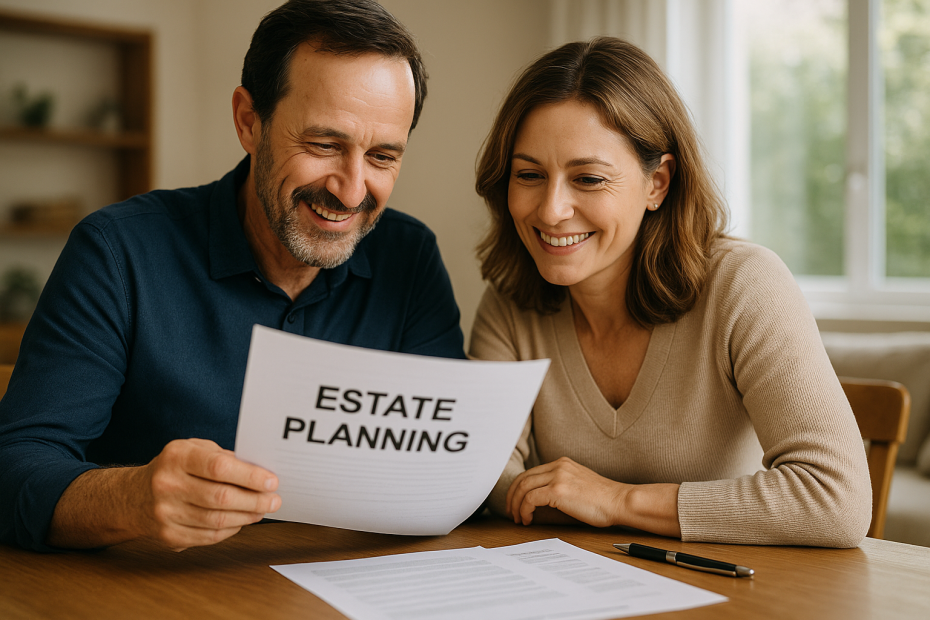 Middle-aged couple reviewing estate planning documents at home for future security and peace of mind.