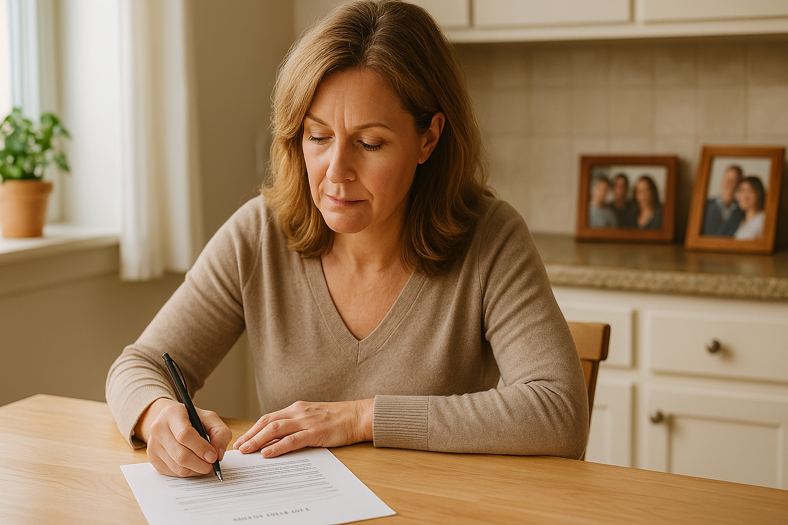 Woman writing her Will at home to protect her family and secure her legacy.