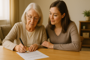 Adult daughter helping her elderly mother sign Property and Financial Affairs LPA documents at home.