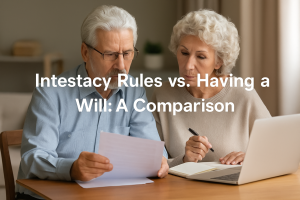 Elderly couple reviewing important documents at home representing the differences between intestacy rules and having a will