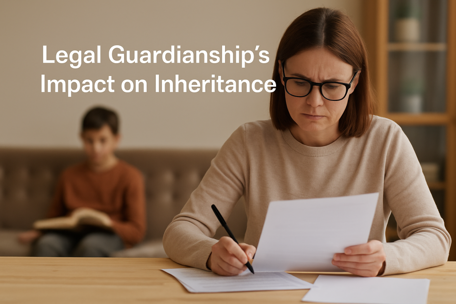 Parent reviewing legal documents while a child sits in the background symbolising legal guardianship’s impact on inheritance