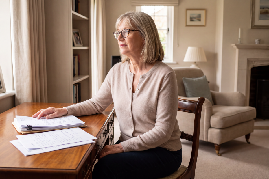 Older woman reviewing family documents while considering discretionary trust and estate planning options.