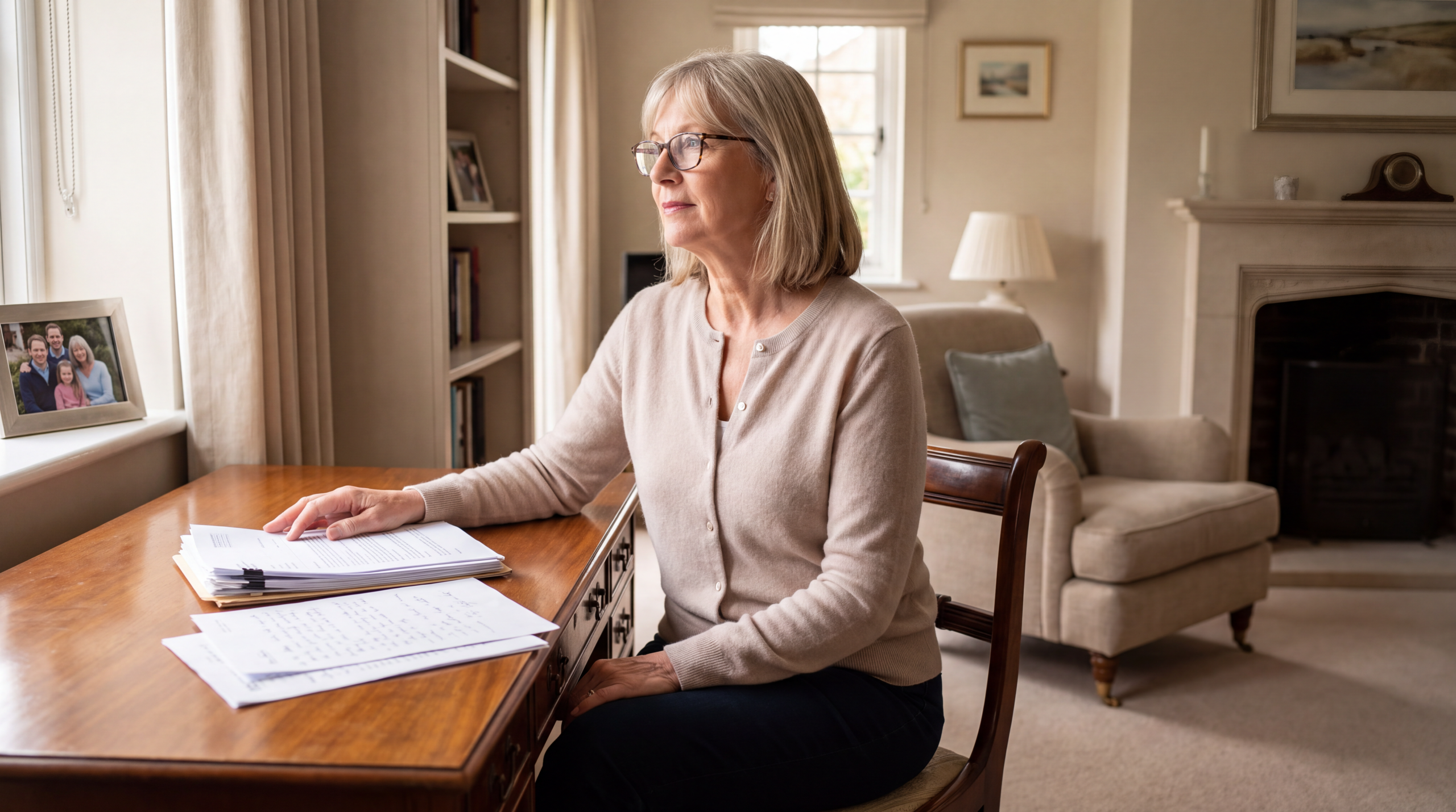 Older woman reviewing family documents while considering discretionary trust and estate planning options.