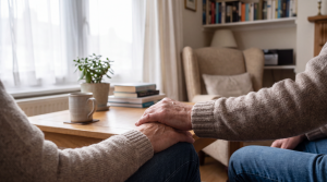 A family member gently holding the hand of a vulnerable adult while considering long-term family support and estate planning.