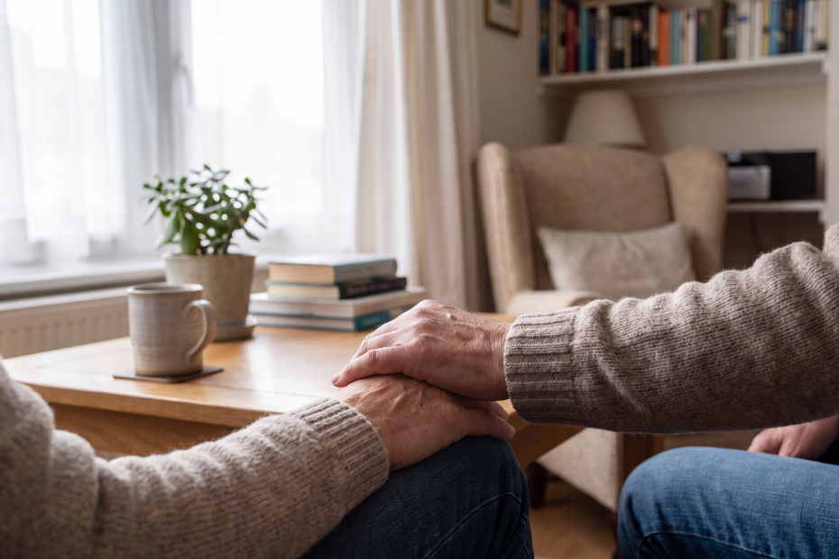 A family member gently holding the hand of a vulnerable adult while considering long-term family support and estate planning.